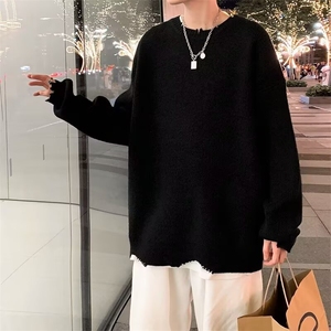 日系慵懒风圆领针织羊毛衫内搭打底线衣不规则破坏毛衣V31P53网图图片