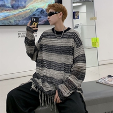 港风秋款男毛衣镂空针织衫流苏条纹休闲线衣打底外套M229P40，男装针织衫/毛衣，星座1013-1