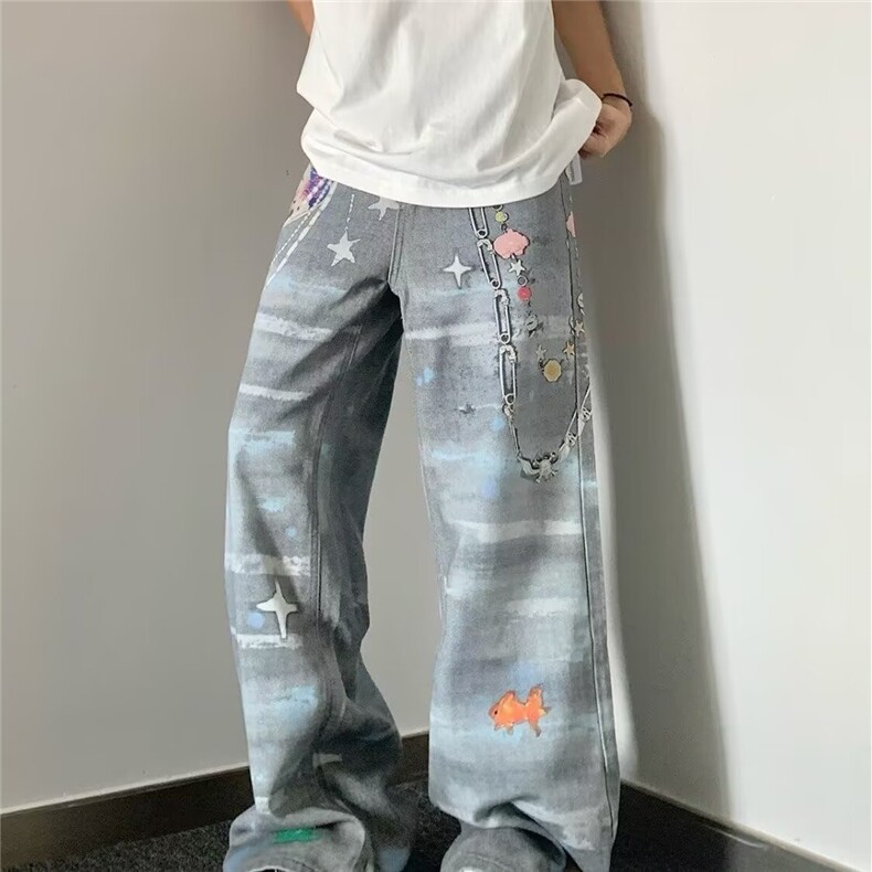 风刺绣直筒牛仔裤女2025春秋新款设计感宽松显瘦新中式阔腿裤子,男装牛仔裤,星座506A