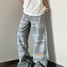 风刺绣直筒牛仔裤女2025春秋新款设计感宽松显瘦新中式阔腿裤子，男装牛仔裤，星座506A