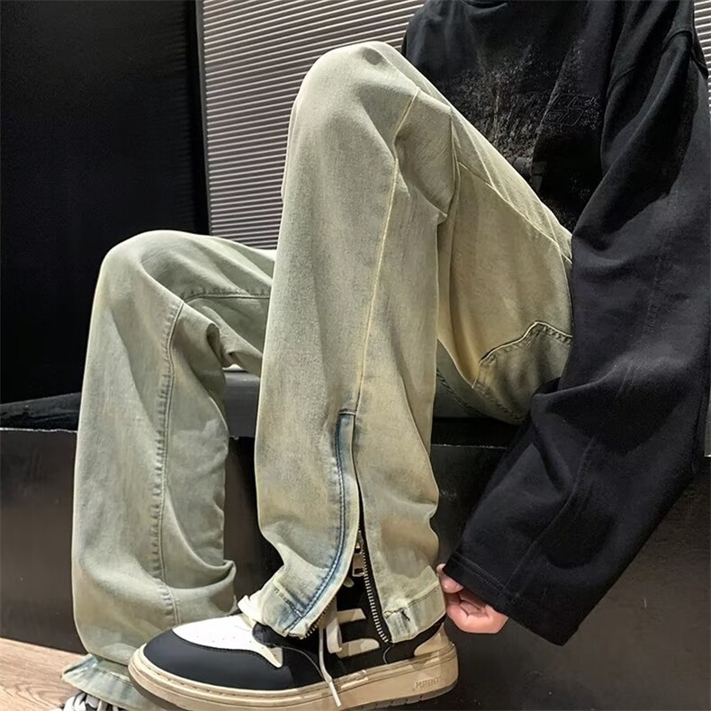 水洗黄泥染牛仔裤男款春秋美式复古vibe高街裤子修身直筒休闲长裤图片