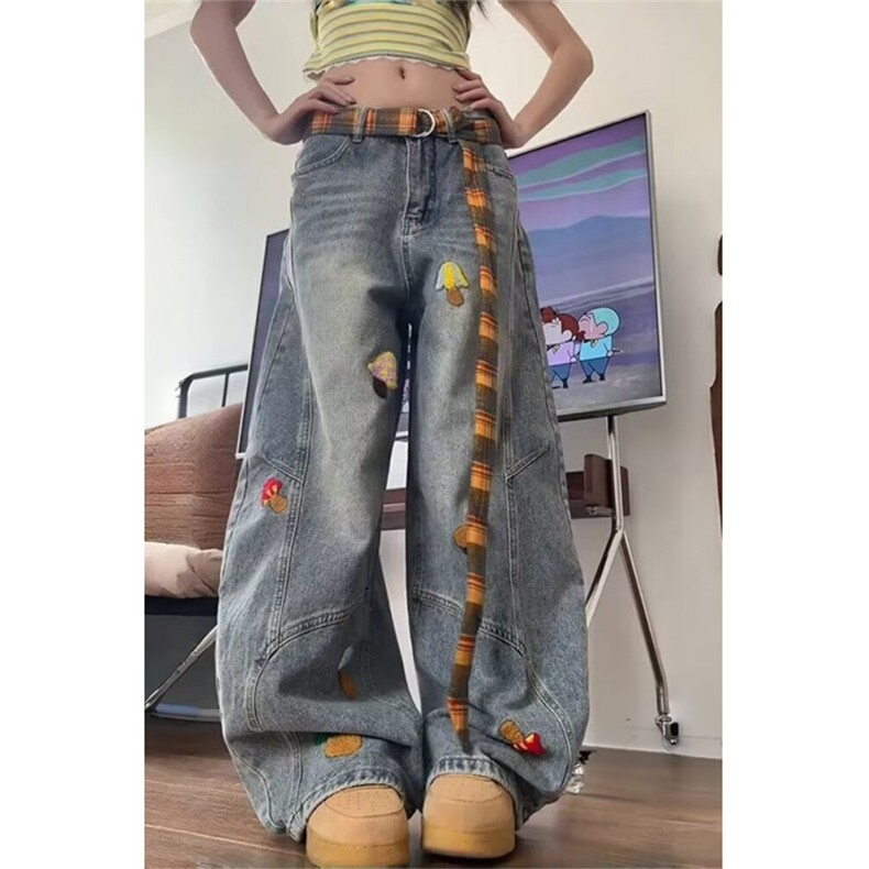 美式复古蘑菇刺绣牛仔裤女设计感高腰宽松显瘦直筒阔腿拖地裤,男装牛仔裤,星座506A