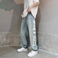 牛仔裤男夏季薄款潮牌高街小众设计感休闲长裤直筒宽松N0894-P50，男装牛仔裤，星座308B-1