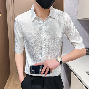 507A-CS501-P482025夏季时尚碎花衬衫中袖衬衣男青年
