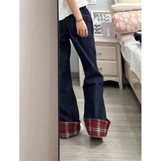 【网图有货】美式格子拼接卷边牛仔裤男女阔腿裤子NZ011LL-特P48，男装牛仔裤，星座1007（原301D）