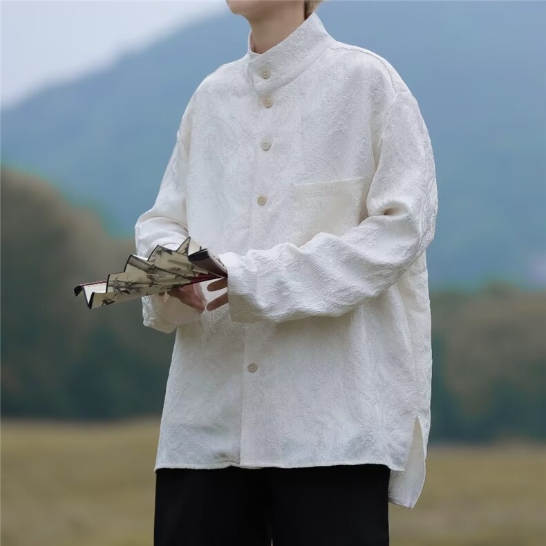 新中式男装风衬衫立领盘扣衬衣外套痞帅刺绣提花中山装 C4533图片