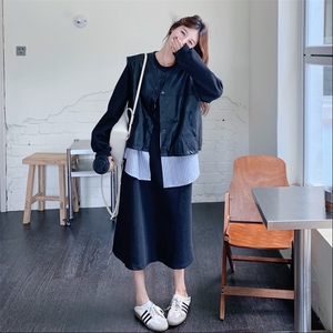 假两件皮马甲长袖连衣裙套装女秋2025新款一整套穿搭卫衣裙两件套图片
