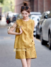 高级感时尚提花无袖套装女2025夏新款休闲气质减龄背心短裤两件套，女装套装/套裙，尚娜萱