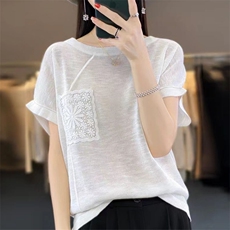 短袖T恤女士2025新款夏季高级感重工上衣宽松大码女装冰丝针织衫，女装针织衫/毛衣，萱芳婷羊绒