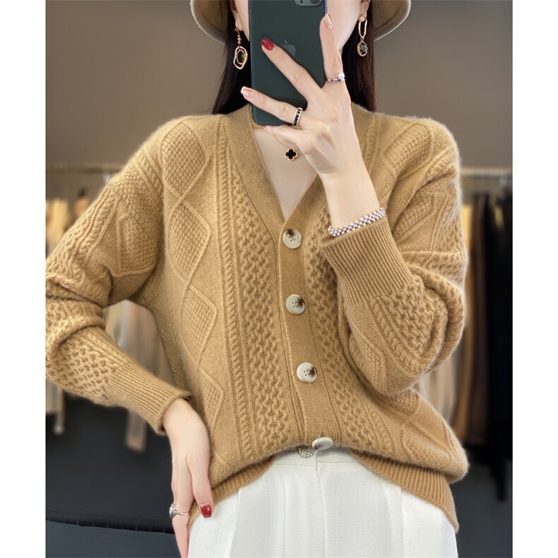 秋冬V领100%羊毛衫长袖提花开衫女复古宽松慵懒羊绒针织外套上衣,女装羊毛衫,忠诺羊绒
