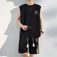 刺绣背心套装男休闲运动短裤五分两件套拼接小熊A266-TZ1158-P46，男装牛仔裤，电商A266