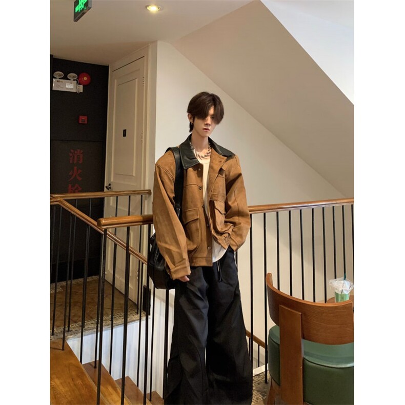 1506/QY2500/P91美式复古巴恩风外套水洗做旧拼接翻领短款夹克潮图片