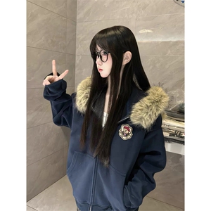 网图 美式复古卡通熊耳朵毛领连帽卫衣男女休闲开衫拉链外套特P78图片