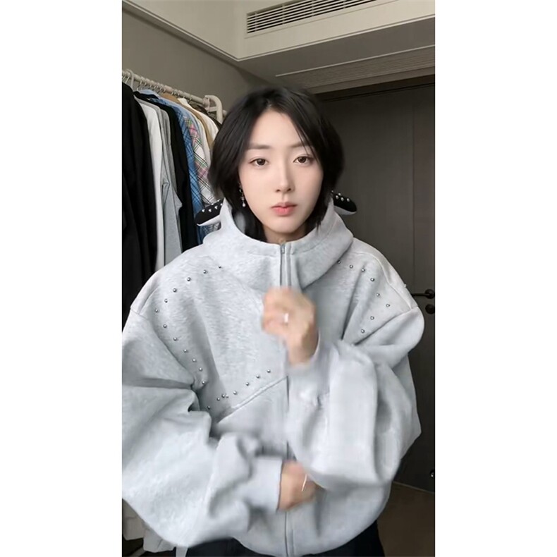 抖音得物高品质26春装美式高街铆钉杜宾犬耳朵开衫卫衣外套W125,女装短外套,电商A486-1