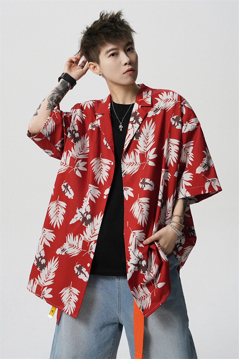 8XL-M冰丝凉感衬衣垂感透气复古花纹宽松男五分袖短袖衬衫CS526,男装衬衫,电商D206-1