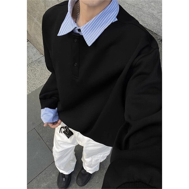 条纹拼接假两件卫衣男秋季美式cleanfit复古长袖衬衫潮牌情侣外套,男装卫衣,星座1116A（原606A-3）