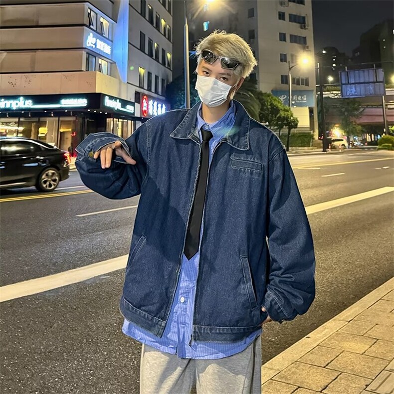 秋冬大码渐变水洗垫肩拉链美式夹克外套男设计感牛仔衣2192/P70,男装工装外套,星座506