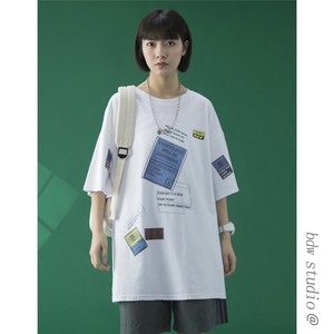 @蓝底中性风2023春夏新款百搭纯棉短袖T恤宽松男女体恤T336P28图片