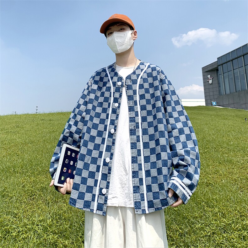 22秋冬港风大码棒球服长袖夹克上衣外穿格子牛仔衣外套潮F17/P65，男装夹克，钱塘713