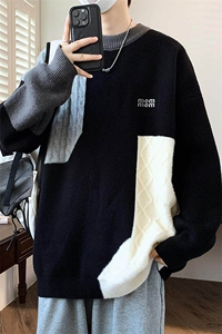 84563-特P60毛衣男秋冬款圆领软糯毛线衣服保暖拼色青少年针织衫图片
