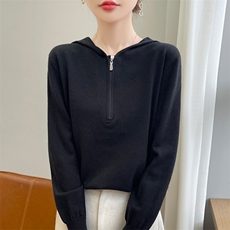 半拉链连帽针织衫毛衣女士高级感宽松休闲外套帽衫外搭上衣，女装针织衫/毛衣，源达羊绒