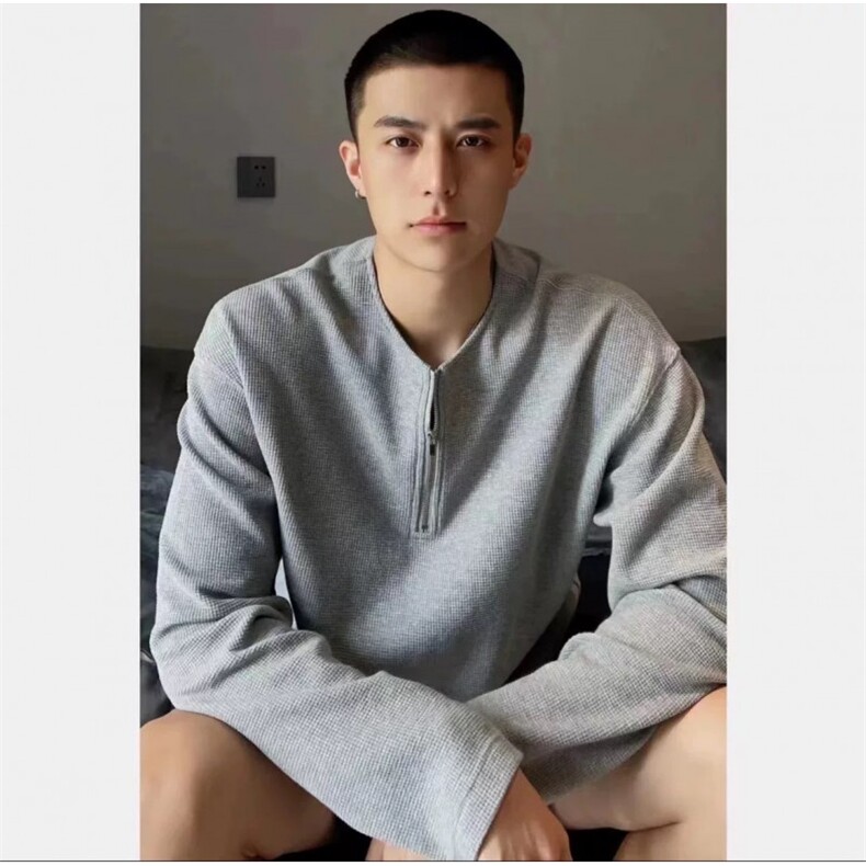 主推美式半拉华夫格长袖T恤卫衣宽松打底衫男女H975特P28网图，男装T恤，电商A341