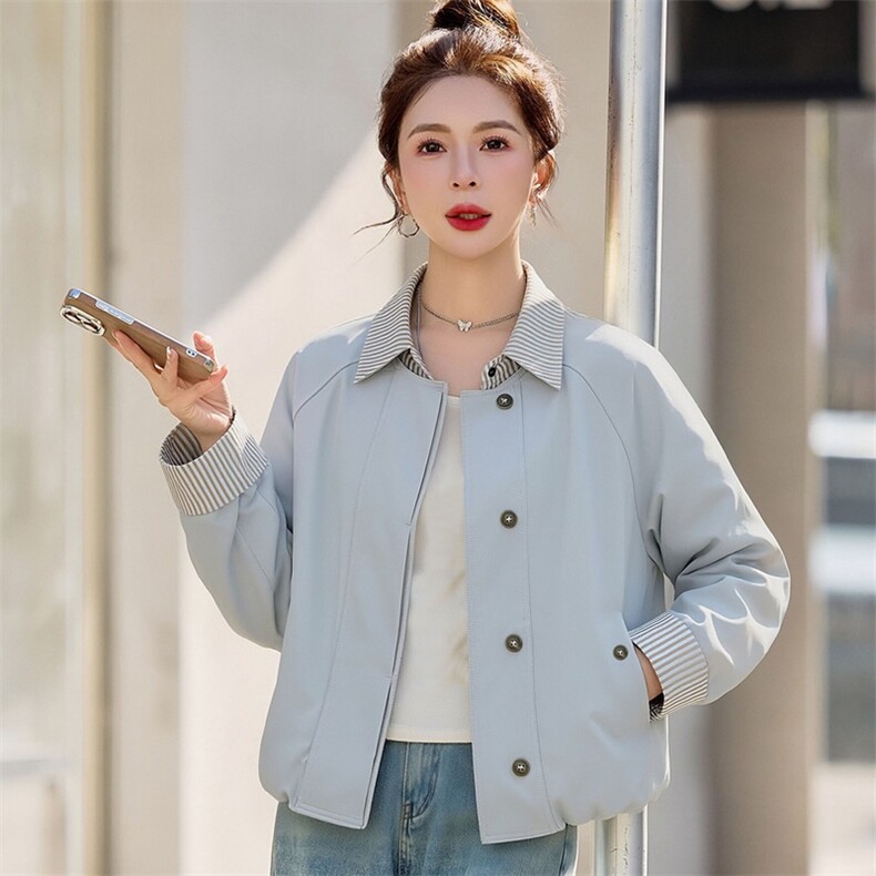 （现货）假两件条纹拼接翻领外套女新款流行气质减龄百搭上衣,女装短外套,韩蔻秀