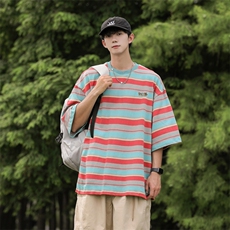 2024夏季潮牌百搭宽松短袖男日系复古撞色条纹T恤现货T1813-P52，男装T恤，星座512-4