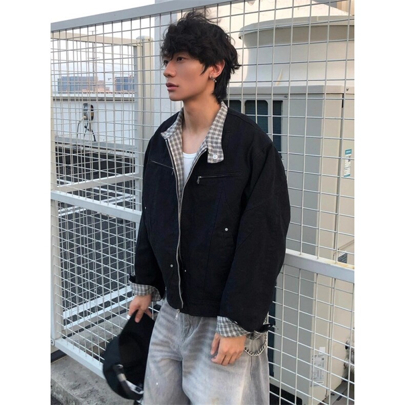 美式复古格纹工装夹克男女春秋百搭宽松立领工装外套潮流,男装夹克,四季星座505