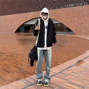 网络图 复古明线拼接解构水洗牛仔裤男宽松直筒显瘦长裤潮 NG52图片
