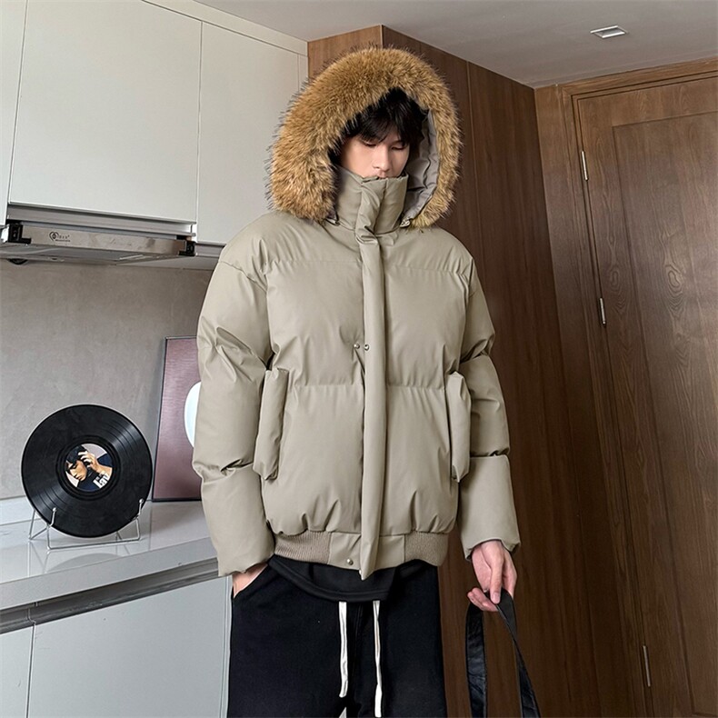 现货三防重磅硬挺boxy短款羽绒棉衣座山雕大毛毛领PU皮棉服外套冬,男装棉衣,电商A486-1