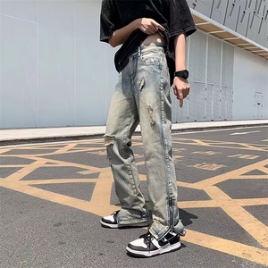 微喇牛仔裤男夏季新款复古裤子美式高街潮牌直筒拉链长裤7188-p45图片