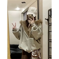 美式复古条纹兔耳重磅加绒毛毛外套开衫毛领卫衣连帽女秋冬新款，女装短外套，星座1210-1