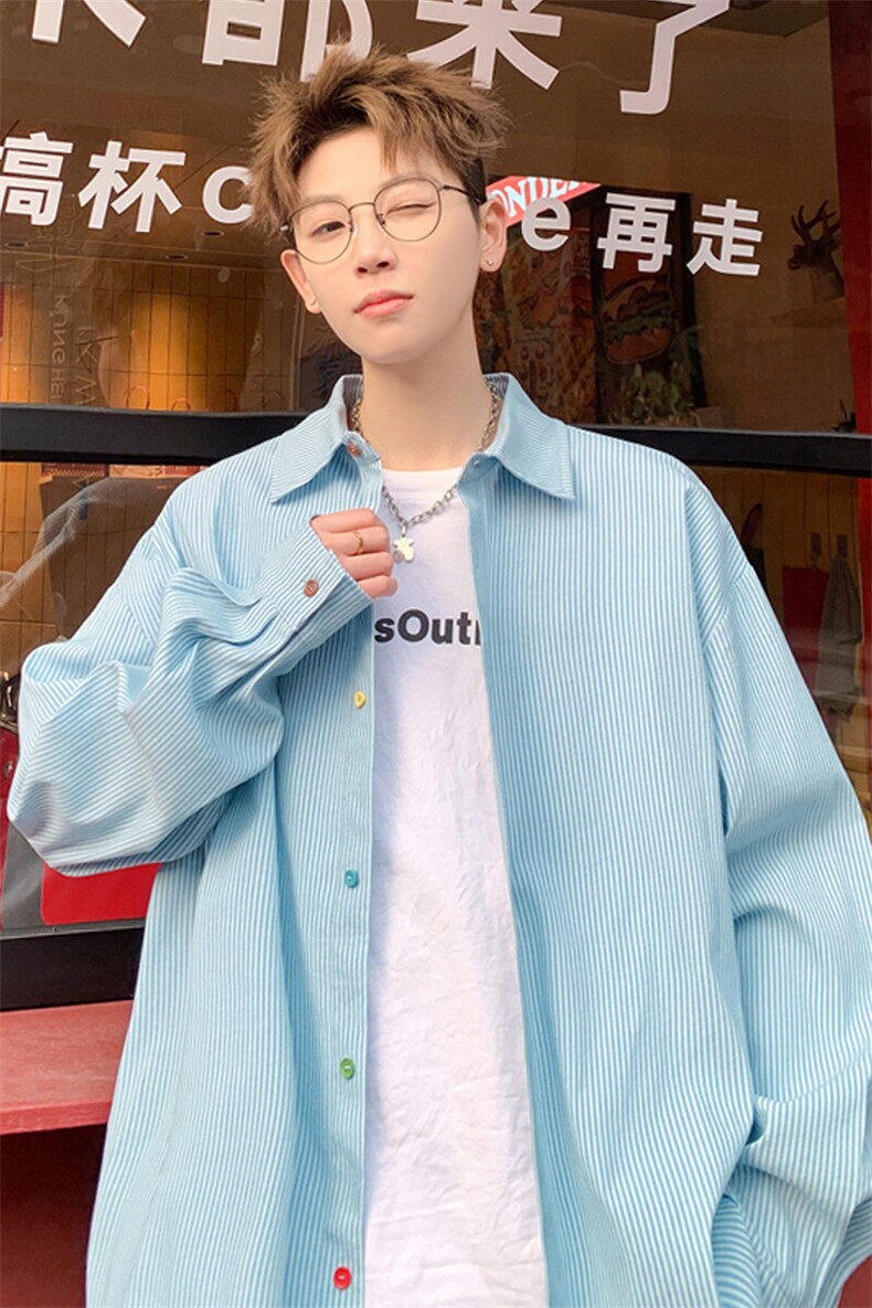 2025春季新款港风外景大码条纹彩色扣子衬衫M-5XHC25102-特P35,男装衬衫,电商A022