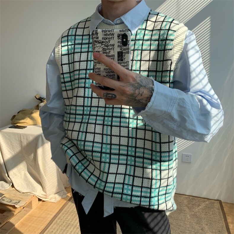 韩版毛背心男宽松个性格子潮流复古马甲毛衣T016-P55,男装针织衫/毛衣,星座1501