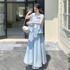 韩版减龄蓝色马甲半身裙套装女2025夏季新款慵懒风宽松休闲两件套，女装套装/套裙，2C217