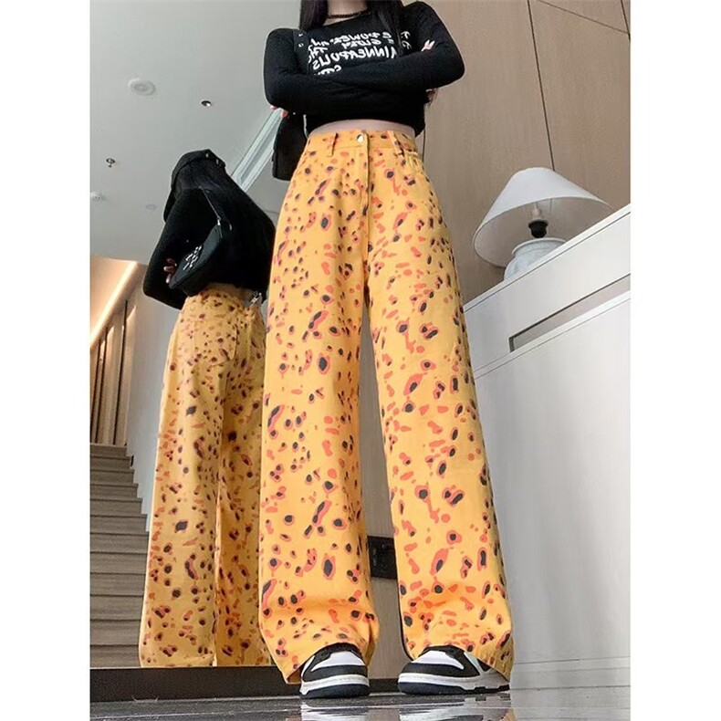 美式复古个性豹纹高腰休闲裤女2025秋季小众设计直筒拖地阔腿长裤,男装牛仔裤,星座506A
