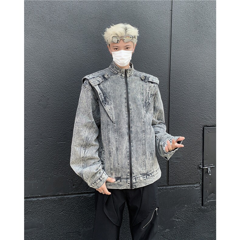 美式复古重工拼接短款牛仔外套潮牌街头机车服夹克男 JK6360-P78图片