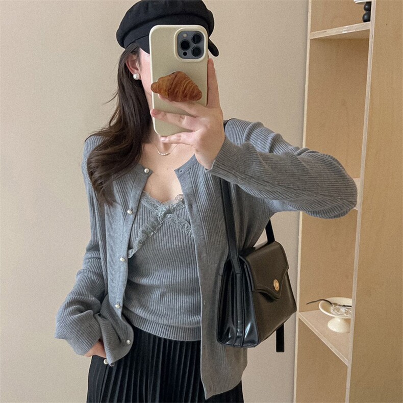 2025新款气质优雅女士百搭蕾丝吊带两件套，女装短外套，佰米娇羊绒