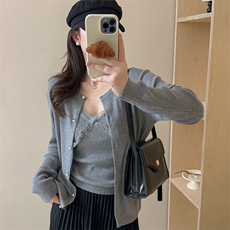 2025新款气质优雅女士百搭蕾丝吊带两件套，女装短外套，佰米娇羊绒