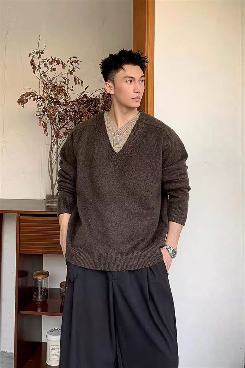 网图-假两件v领针织毛衣男xh167-特p50,男装针织衫/毛衣,电商B367