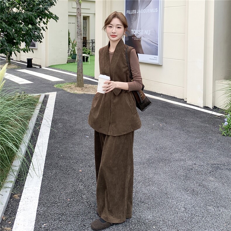 御姐轻熟风麂皮绒马甲阔腿裤套装女2025秋新款复古收腰显瘦两件套,女装套装/套裙,2C327
