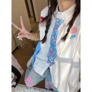 学院风涂鸦花朵领带短袖衬衫ZC0128-特批32图片