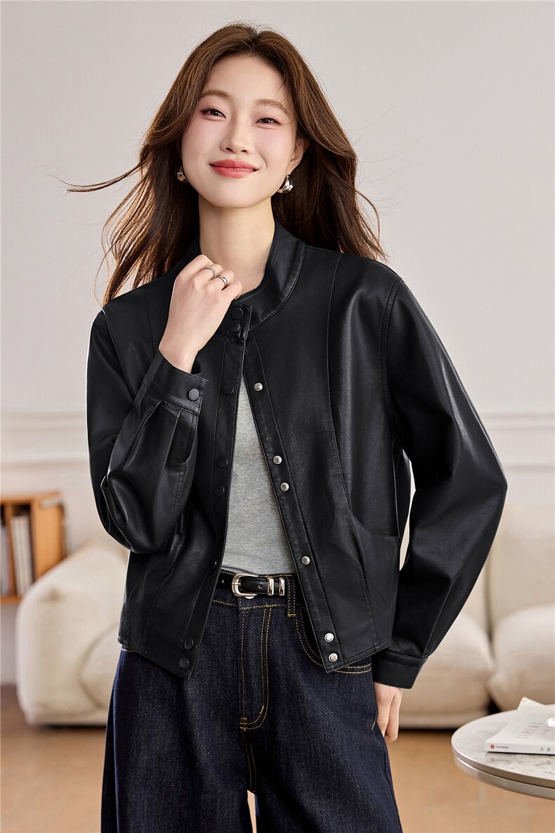 【春季女装新款】2026大量现货春季时尚百搭短款立领皮衣外套,女装皮衣,缘衣格
