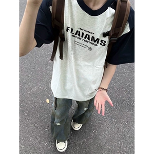 抖音得物高品质二开240克宽松纯棉美式潮牌插肩袖拼接短袖T恤图片