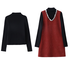 2025春装新款时尚简约气质半高领打底衫+珠片V领马甲裙套装两件套，女装连衣裙，芭米依尚