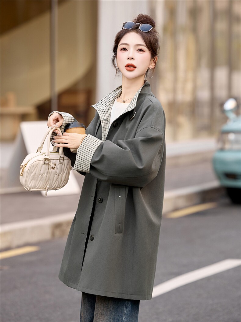 风衣女中长款2025秋季新款今年流行格子巨好看的韩系休闲立领外套,女装风衣,牡丹诺