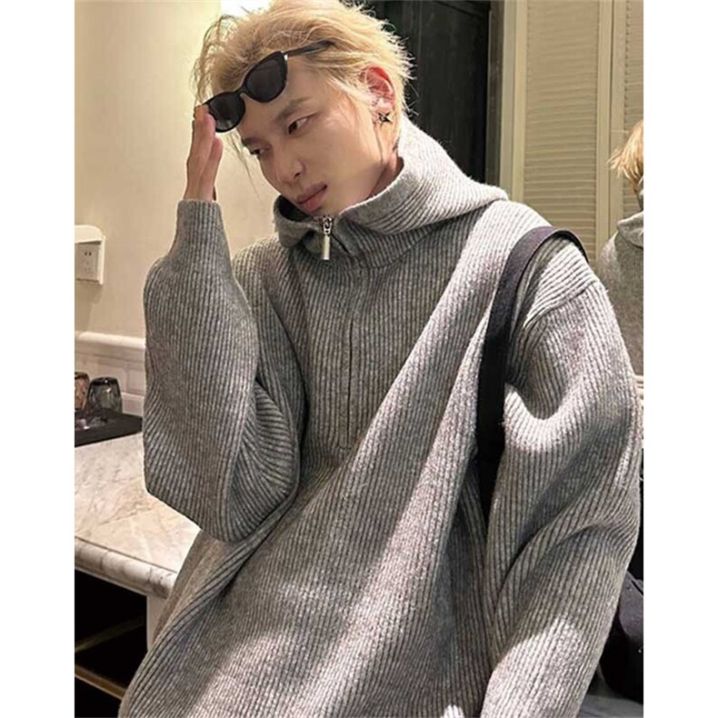 秋冬季新款休闲宽松慵懒风连帽纯色毛衣针织衫男外套 MY114图片