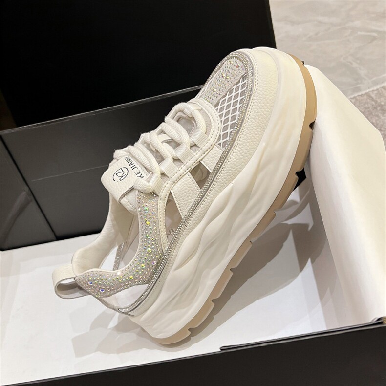 厚底老爹凉鞋女2024夏季新款透气网面水钻小白鞋休闲镂空包头凉鞋，女鞋凉鞋，电商A223