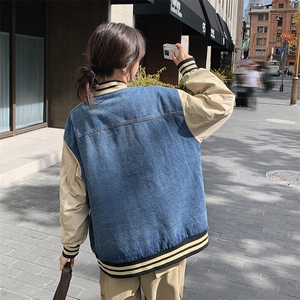 美式复古休闲夹棉牛仔外套女春秋季宽松百搭bf慵懒风棒球服夹克潮图片